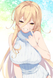 Rule 34 | 1girl, ariko youichi, bare arms, blonde hair, breasts, commentary, crossed bangs, fang, grin, hair between eyes, half-closed eyes, hand up, highres, large breasts, light blush, long hair, looking at viewer, messy hair, nijisanji, nui sociere, pinky out, ribbed sweater, simple background, smile, solo, straight-on, sweater, turtleneck, turtleneck sweater, very long hair, virtual youtuber, white sweater, yellow eyes