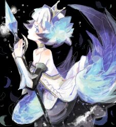 Rule 34 | 1girl, armor, armored dress, backless dress, backless outfit, bad drawr id, bad id, bare shoulders, black background, blue dress, blue eyes, blue gemstone, blue theme, choker, crown, dress, feathers, gem, gwendolyn (odin sphere), hair ornament, holding, holding staff, long eyelashes, looking at viewer, low wings, nsm888, odin sphere, oekaki, open mouth, polearm, profile, short hair, sideways glance, solo, spear, staff, strapless, strapless dress, two-tone dress, weapon, white dress, white hair, wings