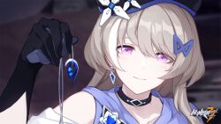 Rule 34 | 1girl, ana schariac, beret, choker, copyright name, earrings, gloves, grey hair, hair ornament, hairclip, hat, highres, holding, holding jewelry, holding necklace, honkai (series), honkai impact 3rd, jewelry, logo, long hair, necklace, official art, purple eyes, second-party source, smile