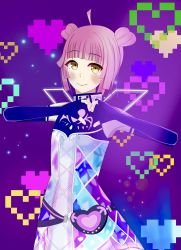 Rule 34 | 1girl, 8-bit, alternate hairstyle, analog heart (love live!), artist name, artist request, bag, bare shoulders, belt, belt pouch, black gloves, blush, breasts, brown eyes, cross-laced clothes, cross-laced dress, double bun, double horizontal stripe, dress, dress shirt, elbow gloves, fake wings, female focus, fingerless gloves, flat chest, floral print, gloves, hair bun, handbag, heart, heart (symbol), heart hands, heart print, high collar, highres, looking at viewer, love live!, love live! nijigasaki high school idol club, love live! school idol festival, love live! school idol festival all stars, miniskirt, multicolored clothes, multicolored dress, parted lips, pink hair, plaid, plaid skirt, pleated, pleated skirt, pouch, purple background, shirt, short hair, skirt, sleeveless, sleeveless dress, small breasts, smile, solo, sparkle, tennoji rina, white skirt, wings, yellow eyes