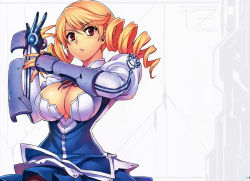 Rule 34 | 1girl, absurdres, blonde hair, blush, bow, breasts, character name, christine evora, cleavage, cleavage cutout, clothing cutout, dress, drill hair, female focus, freezing (series), gloves, highres, huge filesize, kim kwang hyun, large breasts, long hair, long sleeves, looking at viewer, no bra, official art, pantyhose, puffy long sleeves, puffy sleeves, red eyes, scan, shirt, skirt, solo, turtleneck, twintails