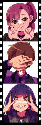 Rule 34 | 1boy, 2girls, black eyes, black necktie, black shirt, bright pupils, brown hair, closed mouth, collared shirt, commentary request, covering own ears, covering own eyes, covering own mouth, employee (project moon), film strip, ganeshia, grey eyes, grey jacket, grey shirt, grin, hand over face, highres, jacket, lobotomy corporation, long hair, long sleeves, multiple girls, necktie, one side up, pink hair, project moon, purple hair, purple jacket, purple shirt, red necktie, shirt, short hair, smile, three monkeys, white necktie, white pupils