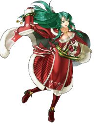 Rule 34 | 1girl, bag, belt, boots, breasts, cape, cecilia (fire emblem), cecilia (winter) (fire emblem), cleavage, collarbone, dress, elbow gloves, fire emblem, fire emblem: the binding blade, fire emblem heroes, full body, fur trim, gloves, green eyes, green hair, highres, holding, kita senri, knee boots, long hair, looking at viewer, looking away, medium breasts, nintendo, official art, open mouth, pom pom (clothes), red dress, red footwear, ribbon, smile, solo, strapless, strapless dress, transparent background