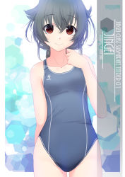 Rule 34 | 1girl, alternate breast size, artist name, black hair, blue one-piece swimsuit, braid, breasts, character name, collarbone, competition swimsuit, cowboy shot, hair between eyes, hair flaps, hexagon, highres, honeycomb (pattern), honeycomb background, inaba shiki, jingei (kancolle), kantai collection, long hair, looking at viewer, one-hour drawing challenge, one-piece swimsuit, red eyes, single braid, small breasts, solo, standing, swimsuit