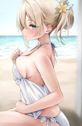 1girl alternate_costume beach bikini blonde_hair blue_eyes blush breasts derk_maxx hair_intakes hair_ornament hair_up highres hololive kazama_iroha large_breasts long_hair ocean side-tie_bikini_bottom sideways_glance solo swimsuit virtual_youtuber