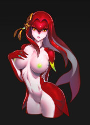 Rule 34 | 1girl, arm fins, black background, breasts, collarbone, colored nipples, colored skin, cropped legs, fins, fish girl, fish tail, floating hair, green nipples, hair intakes, hair ornament, hand up, highres, large breasts, looking at viewer, mipha, mole, mole on breast, monster girl, navel, nintendo, nipples, nude, parted lips, pink lips, red skin, simple background, solo, tail, the legend of zelda, the legend of zelda: breath of the wild, unapril, webbed hands, yellow eyes, zora