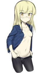 Rule 34 | 1girl, areola slip, blonde hair, breasts, cropped legs, fankupl, glasses, highres, long hair, navel, no bra, panties, pantyhose, partially undressed, perrine h. clostermann, semi-rimless eyewear, simple background, sketch, small breasts, solo, strike witches, under-rim eyewear, underwear, white background, white panties, world witches series, yellow eyes