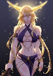 Rule 34 | 1girl, abs, armpit crease, ashartstuff, bare shoulders, black background, blonde hair, braid, breasts, circlet, closed mouth, collarbone, colored eyelashes, commentary, elden ring, english commentary, eyelashes, great rune (elden ring), hair between eyes, hammer, highres, holding, holding hammer, holding weapon, jewelry, large breasts, long hair, multiple braids, navel, pelvic curtain, queen marika the eternal, side braid, simple background, solo, sparkle, standing, toned female, very long hair, weapon, yellow eyes