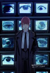 Rule 34 | 1girl, artist name, black coat, black necktie, black pants, chainsaw man, coat, collared shirt, crt, eye focus, formal, hand in pocket, highres, kamo (kamonegioisi), looking at viewer, makima (chainsaw man), medium hair, necktie, pants, red hair, shirt, shirt tucked in, sidelocks, smile, solo, static, suit, television, watermark, white shirt