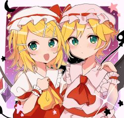 Rule 34 | 1boy, 1girl, :/, black background, blonde hair, blush, border, closed mouth, collared shirt, cosplay, crystal, dani06685637224, flandre scarlet, flandre scarlet (cosplay), gradient background, green eyes, hat, hat ribbon, highres, kagamine len, kagamine rin, mob cap, night, night sky, open mouth, outside border, puffy short sleeves, puffy sleeves, purple background, red background, red ribbon, remilia scarlet, remilia scarlet (cosplay), ribbon, shirt, short hair, short sleeves, sky, star (sky), star (symbol), touhou, vocaloid, white border, white shirt
