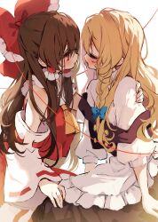 Rule 34 | 2girls, apron, ascot, black vest, blonde hair, blue bow, blush, bow, braid, brown hair, closed eyes, commentary, detached sleeves, frilled apron, frilled bow, frilled hair tubes, frilled shirt collar, frills, hair bow, hair tubes, hakurei reimu, hand on another&#039;s shoulder, highres, kirisame marisa, long hair, looking at another, multiple girls, open mouth, piyokichi, red bow, red eyes, red skirt, red vest, ribbon-trimmed sleeves, ribbon trim, side braid, single braid, skirt, string, string of fate, touhou, vest, waist apron, yellow ascot, yuri