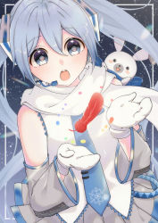 Rule 34 | 1girl, 1other, :o, absurdres, bare shoulders, belt, blue eyes, blue hair, blue neckwear, blush stickers, commentary, detached sleeves, feathers, framed image, hair ornament, hatsune miku, headphones, headset, highres, holding, light blue hair, long hair, miniskirt, mittens, necktie, night, night sky, open mouth, outdoors, outside border, pleated skirt, rabbit, rabbit yukine, rainbow, red feathers, refraction, scarf, shirt, silver skirt, silver sleeves, skirt, sky, sleeveless, sleeveless shirt, smile, snowflake print, star (sky), starry sky, twintails, upper body, very long hair, vocaloid, white mittens, white scarf, white shirt, yoshioka machiko, yuki miku, yuki miku (2011)