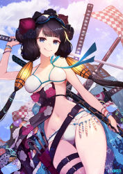 Rule 34 | 1girl, absurdres, artist name, bare arms, bare shoulders, bikini, black hair, blue eyes, blunt bangs, bracelet, breasts, closed mouth, cloud, collarbone, cowboy shot, dutch angle, fate/grand order, fate (series), floral print, gluteal fold, goggles, goggles on head, hair ornament, highres, holding, holding staff, holding sword, holding weapon, jewelry, katsushika hokusai (fate), katsushika hokusai (swimsuit saber) (fate), long hair, looking at viewer, low twintails, medium breasts, nakamura eight, navel, outdoors, sheath, sheathed, smile, solo, splashing, staff, stomach, swimsuit, sword, thigh gap, thigh strap, thighs, twintails, underboob, very long hair, water, weapon, white bikini