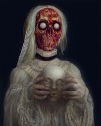 Rule 34 | 1girl, absurdres, black background, blood vessels, braid, cinemamind, dress, ghost, highres, holding, horror (theme), long hair, long sleeves, mask, realistic, simple background, solo, upper body, white hair