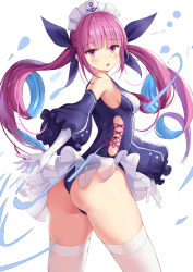 Rule 34 | 1girl, absurdres, adapted costume, anchor print, arched back, ass, azur lane, bare shoulders, blue hair, braid, breasts, clothing cutout, colored inner hair, cowboy shot, detached sleeves, floating hair, gloves, hair ribbon, headdress, highres, hololive, long hair, looking at viewer, looking back, medium breasts, minato aqua, multicolored hair, one-piece swimsuit, parted lips, puffy sleeves, purple eyes, purple hair, purple one-piece swimsuit, qianqiu wanxia, ribbon, side cutout, sidelocks, simple background, solo, standing, streaked hair, swimsuit, thighhighs, twintails, two-tone hair, very long hair, virtual youtuber, white background, white gloves, white thighhighs