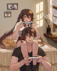 Rule 34 | 1boy, 1girl, :p, absurdres, bed, bed sheet, bedroom, between legs, black shirt, blush, brown hair, candle, carrying, carrying over shoulder, casual, cat, controller, flower, flower pot, genshin impact, girl on top, highres, holding, holding controller, hu tao (genshin impact), indoors, licking lips, lilithmy, picture frame, playing games, ponytail, red eyes, red shorts, shirt, short sleeves, shorts, sitting, sitting on person, sweatdrop, symbol-shaped pupils, tongue, tongue out, twintails, white shirt, yellow eyes, zhongli (genshin impact)