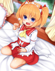 Rule 34 | 1girl, ascot, bed, blonde hair, blue eyes, blush, bow, daichi (tokoya), fang, frilled pillow, frills, hair bow, highres, holding, insect wings, lap pillow invitation, long sleeves, looking at viewer, maid headdress, mimikaki, open mouth, pillow, seiza, sitting, skirt, skirt set, solo, sunny milk, tokoya, touhou, twintails, two side up, window, wings
