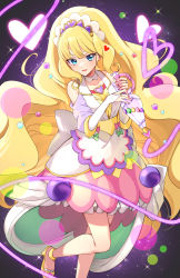 Rule 34 | 1girl, blonde hair, blue eyes, bridal gauntlets, brooch, cure finale, delicious party precure, heart, heart brooch, highres, jewelry, kasai amane, long hair, looking at viewer, magical girl, nail polish, open mouth, precure, rumo, smile, solo, standing, standing on one leg, tiara, very long hair