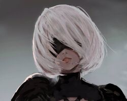 Rule 34 | 1girl, black blindfold, blindfold, commentary request, inoitoh, medium hair, mole, mole under mouth, nier:automata, nier (series), parted lips, portrait, puffy sleeves, solo, turtleneck, white hair, 2b (nier:automata)