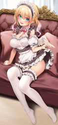 Rule 34 | absurdres, angel wings, blonde hair, blue eyes, bow, bowtie, breasts, cleavage, couch, detached collar, garter straps, hachiroku (hatirokusann86), highres, maid, maid headdress, multicolored hair, no shoes, original, twintails, two-tone hair, wings