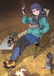 Rule 34 | 1girl, aged up, backpacking stove, bonfire, bottle, brown eyes, chair, clip studio paint (medium), commentary, fire, folding chair, folding table, food, frying pan, glasses, grass, hand in pocket, highres, jacket, kobu ride, long hair, looking at viewer, oogaki chiaki, outdoors, pants, portable stove, purple hair, scarf, sitting, solo, steam, table, yurucamp, yurucamp movie
