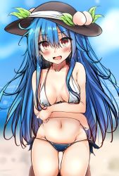 Rule 34 | 1girl, bad id, bad twitter id, bikini, blue hair, blush, breasts, colorized, food, fruit, hat, hat ribbon, hinanawi tenshi, kneeling, long hair, looking at viewer, navel, ocean, open mouth, peach, red eyes, ribbon, sketch, solo, sweatdrop, swimsuit, touhou, yuhito (ablbex)