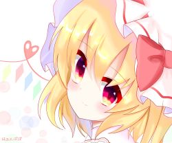 Rule 34 | 1girl, bad id, bad pixiv id, blonde hair, blush, bow, bubble background, closed mouth, collared shirt, commentary request, flandre scarlet, from behind, gem, gradient eyes, hair between eyes, hat, hat bow, head tilt, heart, heart of string, highres, kkk (user hdee2744), light smile, looking at viewer, mob cap, multicolored eyes, portrait, red bow, red eyes, shirt, short hair, side ponytail, solo, touhou, translation request, white background, white hat, yellow eyes