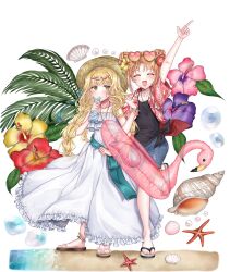 2girls ^_^ angnokmik_k2 arm_up blonde_hair bracelet closed_eyes commentary_request dress eyewear_on_head flower full_body hat hibiscus highres innertube jewelry korean_commentary locked_arms long_dress long_hair mashiro_rima multiple_girls sandals seashell shell shorts shugo_chara! smile straw_hat swim_ring twintails white_dress yellow_eyes yuiki_yaya