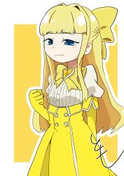 Rule 34 | 1girl, absurdres, arm at side, blonde hair, blue eyes, blush, border, bow, child, clenched hand, closed mouth, cowboy shot, dot nose, elbow gloves, eyebrows, eyelashes, female focus, flat chest, gloves, hair bow, hand up, happy, high-waist skirt, highres, long hair, looking at viewer, magia sulfur, magical girl, mahou shoujo ni akogarete, shirt, simple background, skirt, solo, standing, tenkawa kaoruko, white border, white shirt, yellow background, yellow bow, yellow gloves, yellow skirt