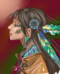 Rule 34 | black hair, dark skin, earrings, feathers, headdress, jewelry, long hair, native american, native american headdress, paint, squaw