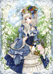Rule 34 | 1girl, basket, blue eyes, bug, butterfly, curly hair, dress, female focus, flower, gloves, headdress, insect, jewelry, lolita fashion, lowres, nature, original, ribbon, ring, shiitake (gensoudou), short hair, sky, solo, white gloves