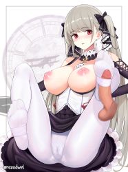 Rule 34 | 1boy, 1girl, absurdres, azur lane, bad id, bad twitter id, bare shoulders, between breasts, black dress, bow, breasts, detached collar, detached sleeves, dress, erection, feet, femdom, flight deck, footjob, formidable (azur lane), frilled dress, frills, grey hair, hair bow, hetero, highres, large breasts, long hair, long sleeves, looking at viewer, nipples, no shoes, pantyhose, penis, pussy, red eyes, rezodwel, self-upload, sidelocks, smile, twintails, uncensored, very long hair