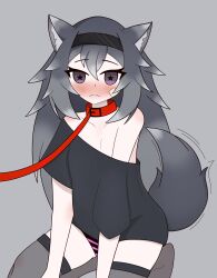 Rule 34 | 1girl, @ @, animal ear fluff, animal ears, bare shoulders, belt collar, blush, collar, flat chest, grey hair, highres, leash, long hair, looking at viewer, original, panties, red collar, runa (twistedlupo), short sleeves, simple background, solo, striped clothes, striped panties, tail, thighhighs, twistedlupo, underwear, wolf ears, wolf girl, wolf tail