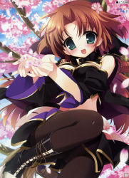 Rule 34 | 1girl, :d, blush, boots, brown hair, brown pantyhose, cherry blossoms, collar, cupping hands, female focus, green eyes, highres, knee boots, looking at viewer, midriff, nature, open mouth, outdoors, own hands together, pantyhose, petals, sakura tale, short hair, sky, smile, solo, wakaba rinko, youta