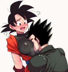 Rule 34 | 1boy, 1girl, ?, between breasts, black eyes, black hair, black shirt, blush, breasts, dragon ball, dragon ball heroes, embarrassed, eyebrows, genderswap, genderswap (mtf), green shirt, head between breasts, incest, matching hair/eyes, mature female, mother and son, nipples, open mouth, shirt, short hair, simple background, son gohan, son goku, spiked hair, tongue, white background