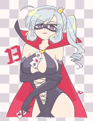 Rule 34 | 1girl, between breasts, black gloves, breasts, cape, card, checkered background, cleavage, contrapposto, cross-laced clothes, crown, curly hair, domino mask, drill hair, elbow gloves, gloves, grey hair, hairband, heart, heart-shaped pupils, henriette mystere, large breasts, mask, mini crown, playing card, purple eyes, side ponytail, signature, smile, solo, symbol-shaped pupils, tantei opera milky holmes, tsunoji, white hairband