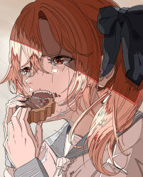 Rule 34 | 1girl, absurdres, aqua sailor collar, blue bow, bow, chocolate, commentary request, crying, eating, food, food in mouth, food on face, furrowed brow, grey background, hair bow, hands up, highres, holding, holding food, long hair, natsugu72, neckerchief, open mouth, orange eyes, orange hair, original, portrait, sailor collar, school uniform, serafuku, shade, side ponytail, solo, sparkle, streaming tears, tears, teeth, valentine, white neckerchief