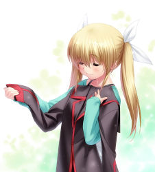 Rule 34 | 1girl, blazer, blonde hair, blush, clothes in front, collarbone, closed eyes, hair ribbon, jacket, little busters!, long hair, ribbon, school uniform, solo, spoilers, tokido saya, twintails, zen