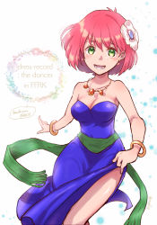 Rule 34 | 1girl, artist name, breasts, cleavage, dress, earrings, final fantasy, final fantasy v, flower, green eyes, hair flower, hair ornament, jewelry, lenna charlotte tycoon, looking at viewer, meki-t, necklace, open mouth, pink hair, short hair, smile, solo