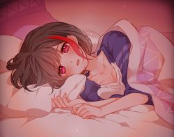 Rule 34 | 1girl, bang dream!, bed, bed sheet, black hair, blush, breast press, breasts, cleavage, commentary request, looking at viewer, lying, mamaloni, medium breasts, mitake ran, multicolored hair, on bed, on side, parted lips, pillow, pink eyes, purple shirt, raglan sleeves, shirt, short hair, solo, streaked hair, under covers