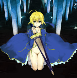 Rule 34 | 1girl, ahoge, artoria pendragon (fate), avalon (fate/stay night), avatar41, blonde hair, bottomless, dress, excalibur (fate/stay night), fate/stay night, fate (series), green eyes, hair ribbon, kneeling, no pussy, open clothes, puffy sleeves, ribbon, saber (fate), sheath, sheathed, sword, weapon