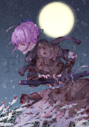 Rule 34 | 1girl, absurdres, ahoge, alternate hairstyle, artist name, blood, blood on face, blood splatter, blood stain, blood on clothes, bloody weapon, braid, colored inner hair, commentary, dated, eurai, fingerless gloves, flower, french braid, gloves, highres, hololive, looking at viewer, minato aqua, moon, multicolored hair, purple eyes, purple hair, scarf, sekiro: shadows die twice, sky, solo, stance, star (sky), starry sky, streaked hair, tagme, virtual youtuber, weapon