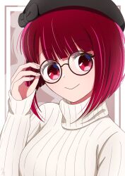 Rule 34 | 1girl, absurdres, arima kana, arm up, blush, bob cut, border, closed mouth, glasses, hat, highres, inverted bob, medium hair, nm (blue-rapid), oshi no ko, red eyes, red hair, short hair, simple background, smile, sweater, white sweater
