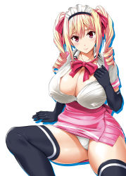 Rule 34 | 1girl, blonde hair, breasts, cleavage, commentary request, covered erect nipples, crotch seam, drill hair, elbow gloves, gloves, hair ornament, hair ribbon, hand on own chest, high-waist skirt, large breasts, looking at viewer, maid headdress, mayoiga no onee san, mikemono yuu, natsuki (mayoiga no onee san), neck ribbon, original, panties, pantyshot, pink eyes, pink skirt, ribbon, ringlets, simple background, sitting, skirt, smile, solo, thighhighs, thighs, twin drills, twintails, underwear, white background, white panties