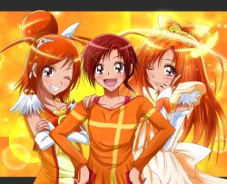 Rule 34 | 10s, 1girl, blouse, bow, bow-shaped hair, bowtie, brooch, cure sunny, cure sunny (princess form), dress, grin, hair bun, hair ornament, hairclip, halo, hands on own hips, hino akane (smile precure!), jewelry, long hair, magical girl, multiple persona, no choker, orange background, orange dress, orange hair, orange shirt, orange theme, pointing, precure, princess form (smile precure!), red eyes, red hair, shirt, shogo (4274732), short hair, single hair bun, smile, smile precure!, tiara