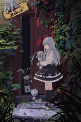 Rule 34 | 1girl, ahoge, animate object, black socks, blue eyes, button eyes, buttons, center frills, door, english text, flower, frilled skirt, frills, grey hair, hat, high heels, highres, hugging doll, hugging object, kneehighs, layered skirt, ligne claire, long hair, long sleeves, looking at viewer, monocle, original, petals, shirt, sign, skirt, socks, standing, stuffed animal, stuffed rabbit, stuffed toy, top hat, white shirt, yu yin