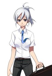 Rule 34 | 00s, 1girl, 6 (yuchae), belt, briefcase, long hair, melty blood, necktie, ponytail, purple eyes, riesbyfe stridberg, shirt, short sleeves, smile, solo, tie clip, tsukihime, white hair