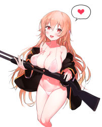 Rule 34 | 1girl, aak, bad id, bad pixiv id, bare shoulders, bikini, black jacket, blush, breasts, cleavage, collarbone, commentary request, covered erect nipples, girls&#039; frontline, gun, hair between eyes, heart, highres, holding, holding gun, holding weapon, ithaca m37, jacket, korean commentary, large breasts, light brown hair, looking at viewer, m37 (girls&#039; frontline), m37 (summer parader) (girls&#039; frontline), navel, off shoulder, official alternate costume, pump action, red eyes, shotgun, simple background, solo, spoken heart, swimsuit, tongue, tongue out, weapon, white background, white bikini