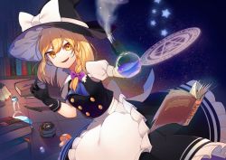 Rule 34 | 1girl, apron, black dress, black gloves, black hat, blonde hair, blue neckwear, book, bow, braid, buttons, collar, dress, food, frills, gloves, hair between eyes, hair bow, hands up, hat, hat bow, holding, ikasoba, kirisame marisa, lamp, looking at viewer, mini-hakkero, mushroom, open book, open mouth, pencil, potion, puffy short sleeves, puffy sleeves, purple bow, shirt, short hair, short sleeves, single braid, sky, smile, solo, space, star (sky), star (symbol), starry sky, table, touhou, white apron, white bow, white collar, white shirt, white sleeves, witch hat, yellow eyes