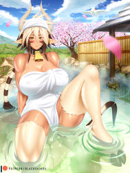Rule 34 | 1girl, animal ears, bell, blacksaikou, blonde hair, blue sky, blush, breasts, brown hair, cathyl, cherry blossoms, cleavage, cloud, collar, commentary, cow girl, cow horns, cow tail, cowbell, creatures (company), dark-skinned female, dark skin, day, english commentary, facial mark, fur, game freak, gen 4 pokemon, gen 7 pokemon, hair between eyes, highres, hooves, horizontal pupils, horns, huge breasts, long hair, looking at viewer, meltan, mole, mole under eye, monster girl, monster musume no iru nichijou, multicolored hair, muscular, muscular female, mythical pokemon, naked towel, neck bell, nintendo, onsen, outdoors, parted lips, petals, pointy ears, pokemon, pokemon (creature), sitting, sky, solo, tail, togekiss, towel, towel on head, tree, two-tone hair, water, water drop, wet, yellow eyes